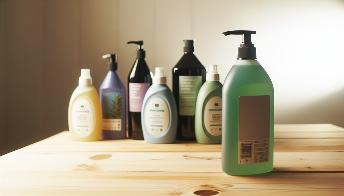 eco friendly cleaning products in a row with refillable dish soap in the middle