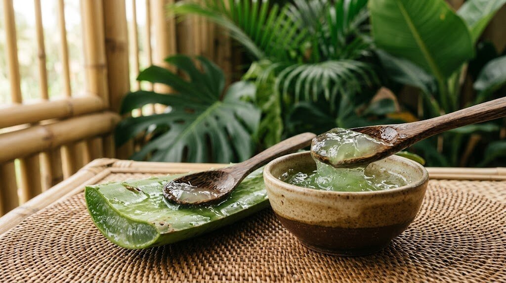 aloe vera gel for face in ceramic bowl on rattan mat