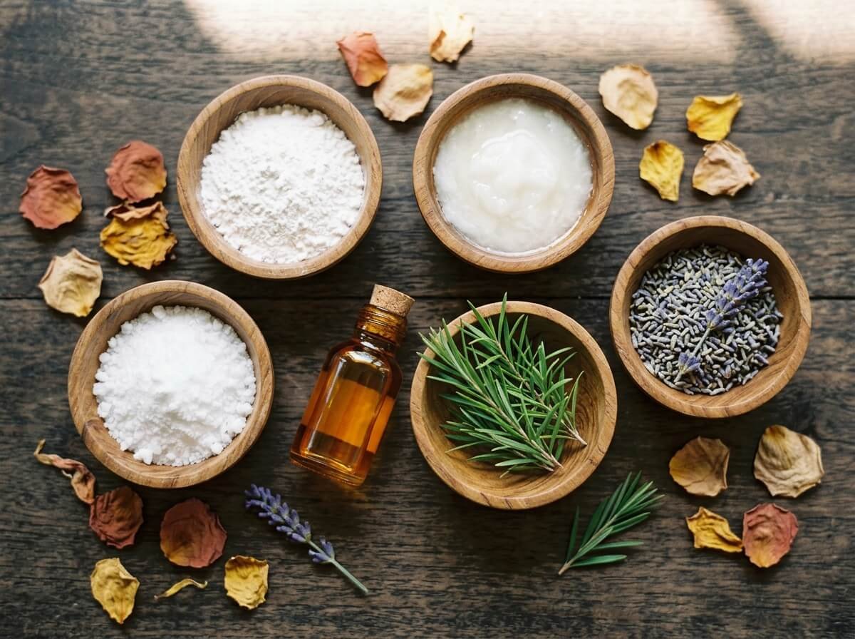 natural deodorant ingredients in wooden bowls on teak surface
