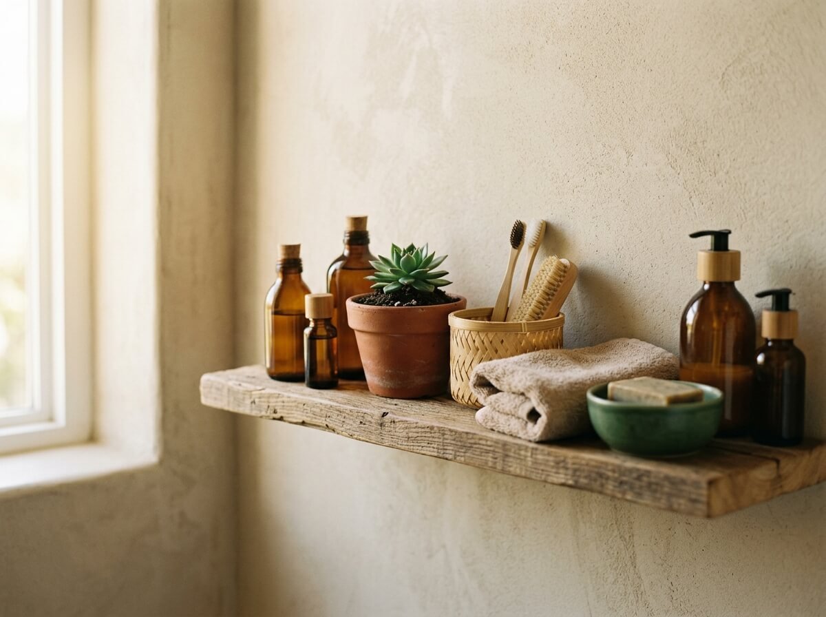 natural body care routine on wooden bathroom shelf