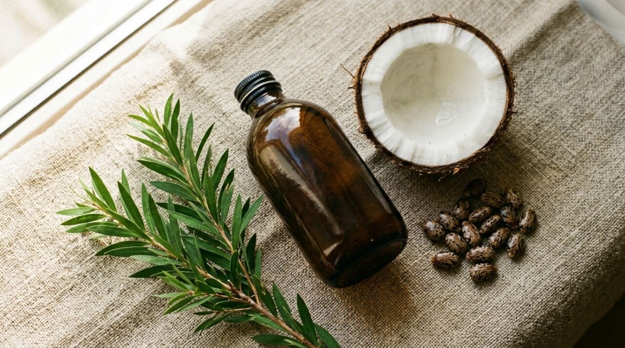 best natural shampoo ingredients flat lay with tea tree and coconut