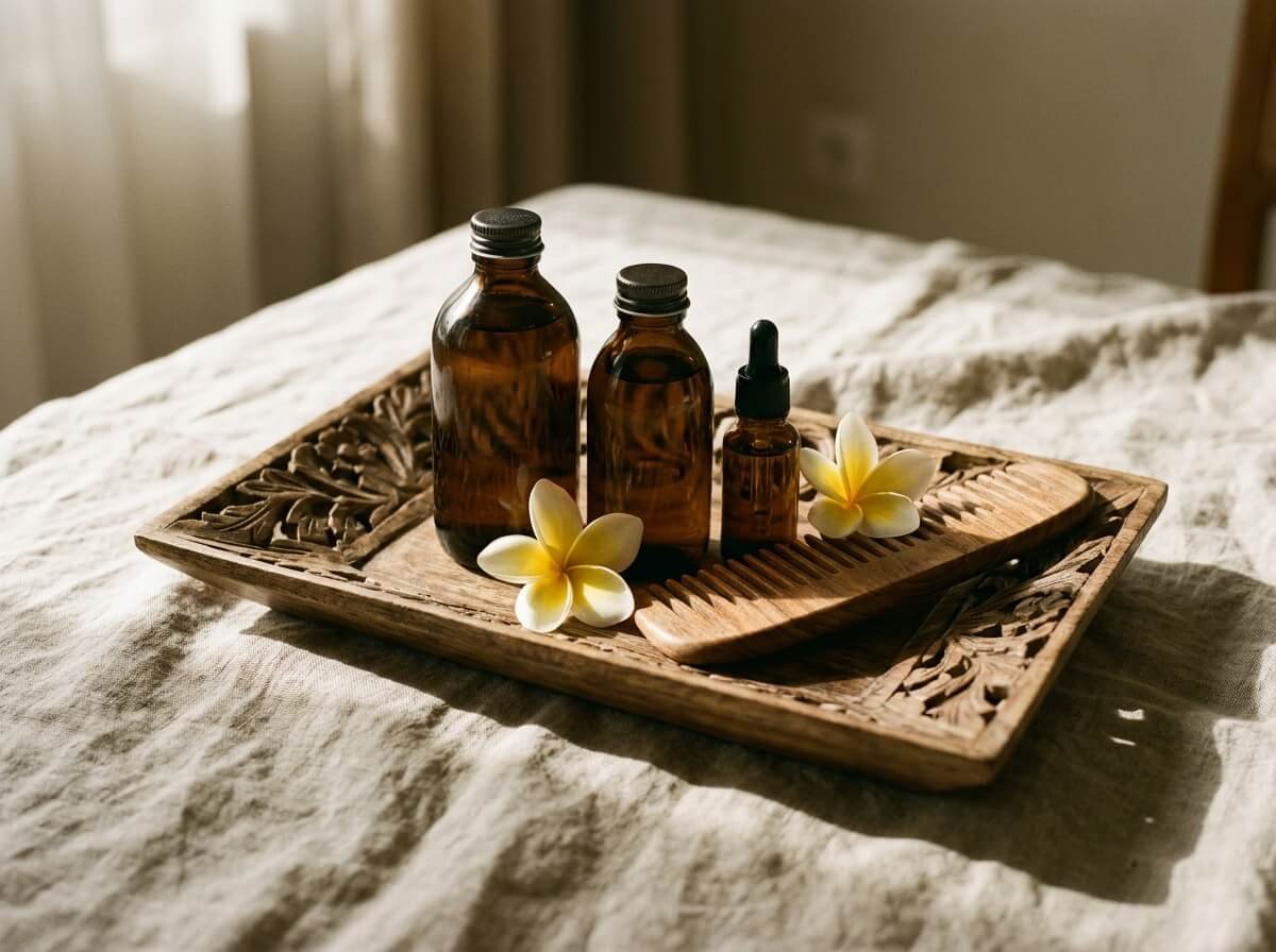 complete natural hair care ritual with shampoo conditioner and oil