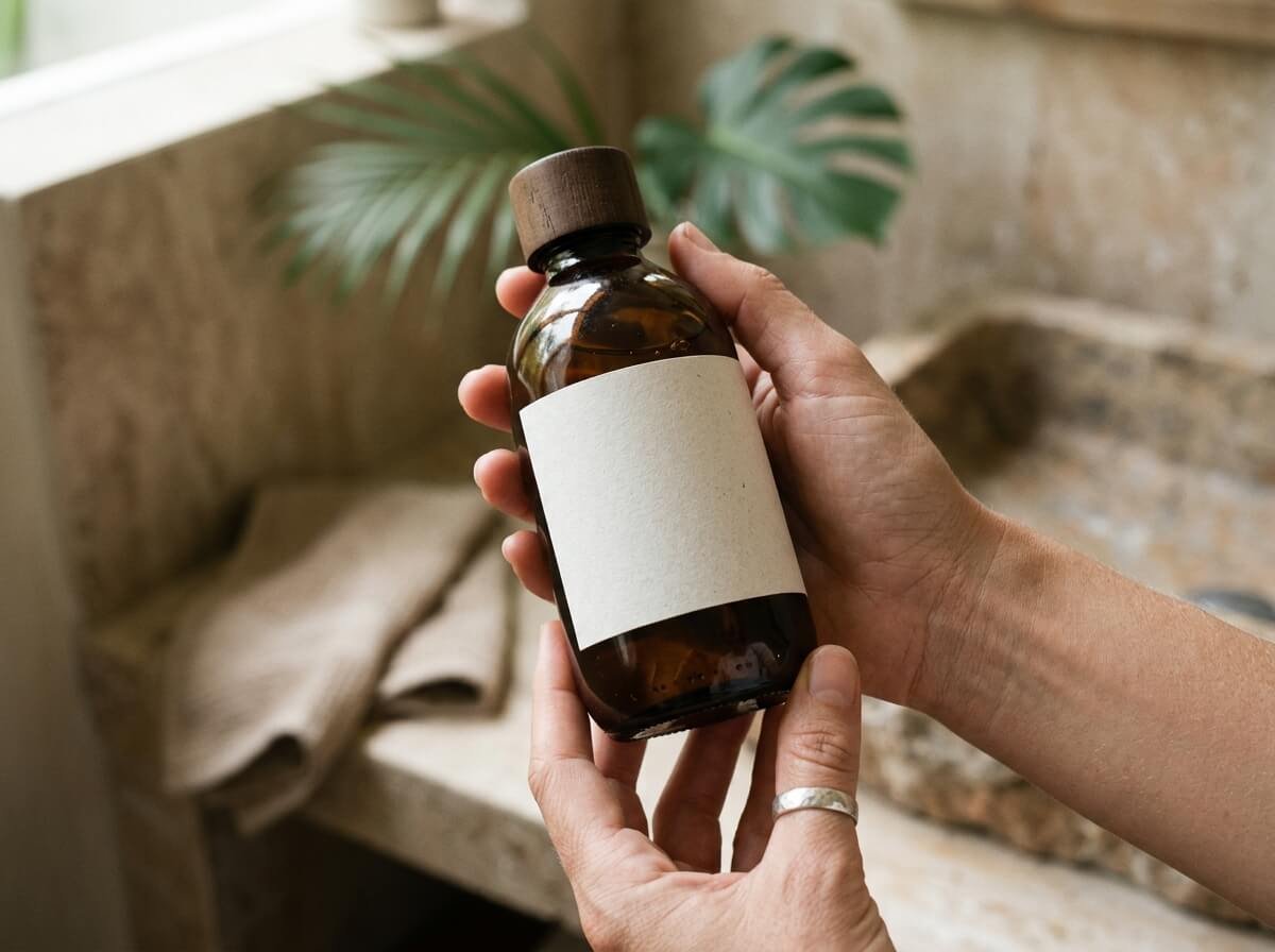 reading natural shampoo ingredient label