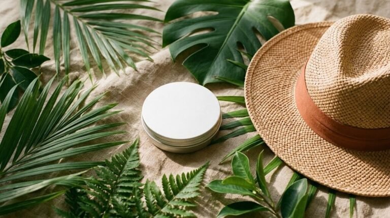 best natural sunscreen with zinc oxide in a tin beside tropical leaves