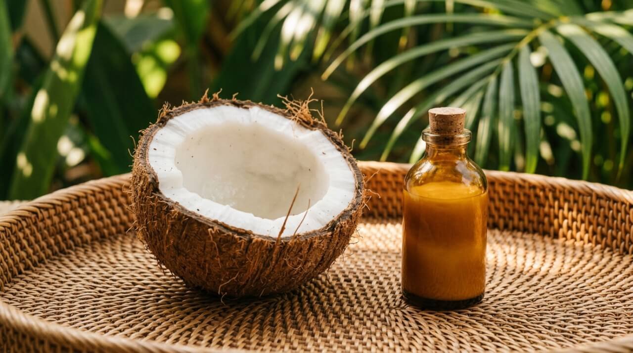 coconut body lotion with fresh coconut on Balinese rattan tray