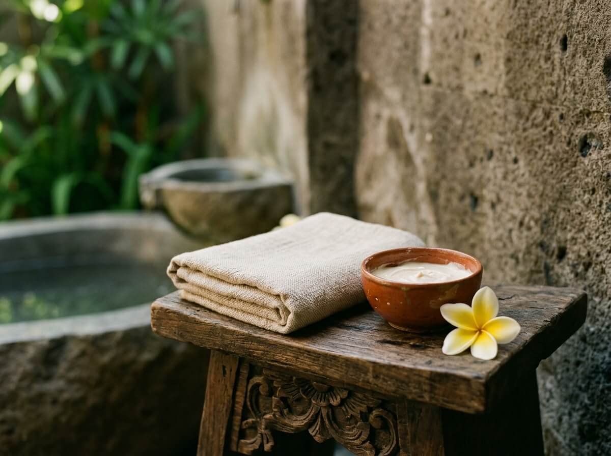 Balinese body care ritual with coconut lotion and frangipani