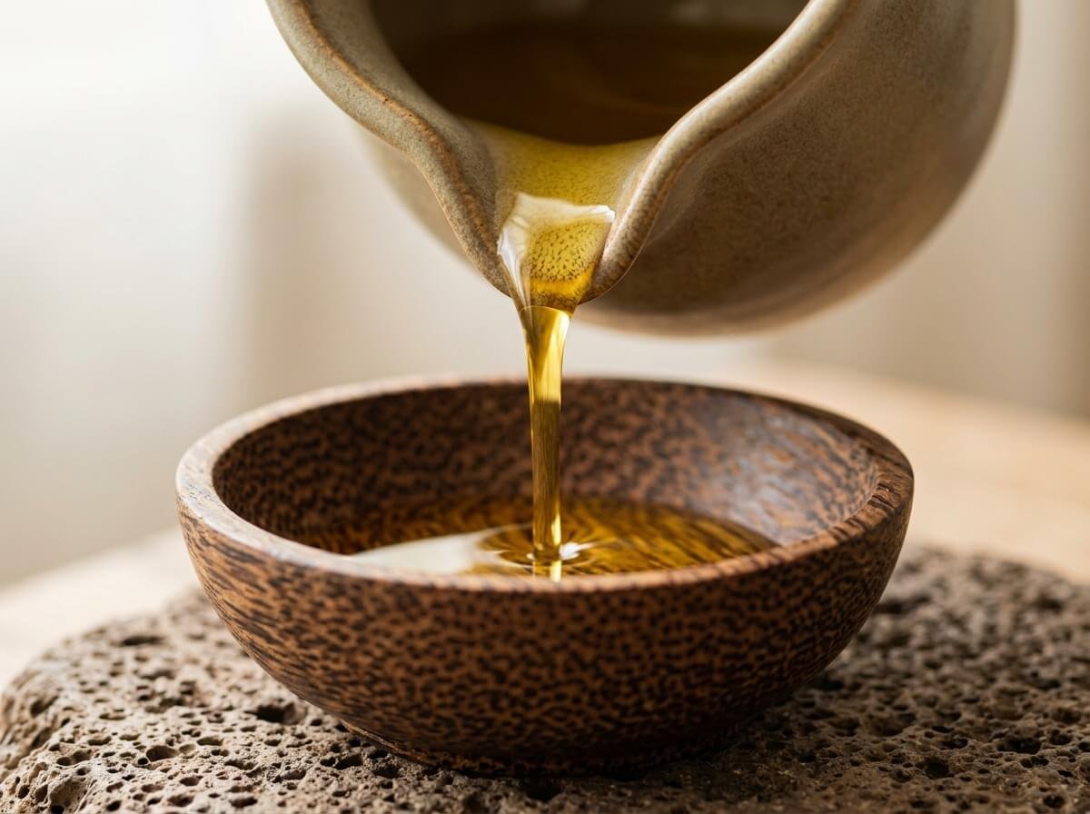 cold-pressed virgin coconut oil poured into wooden mortar