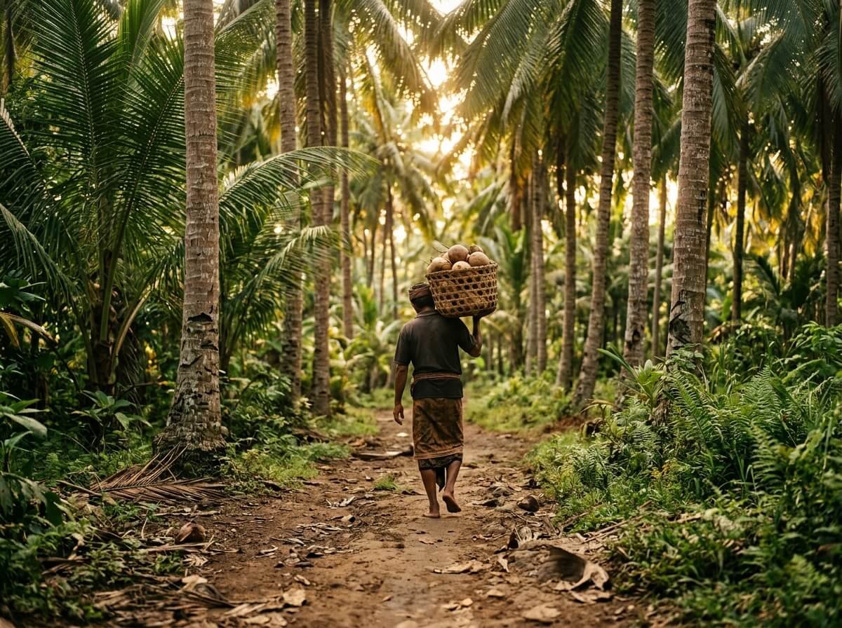coconut palm grove in Bali with farmer carrying harvest