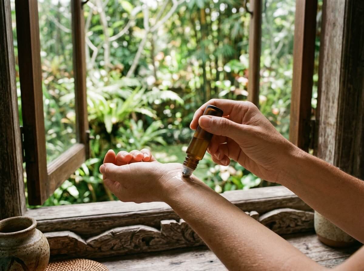applying essential oil blend roller to wrist for daily wellness
