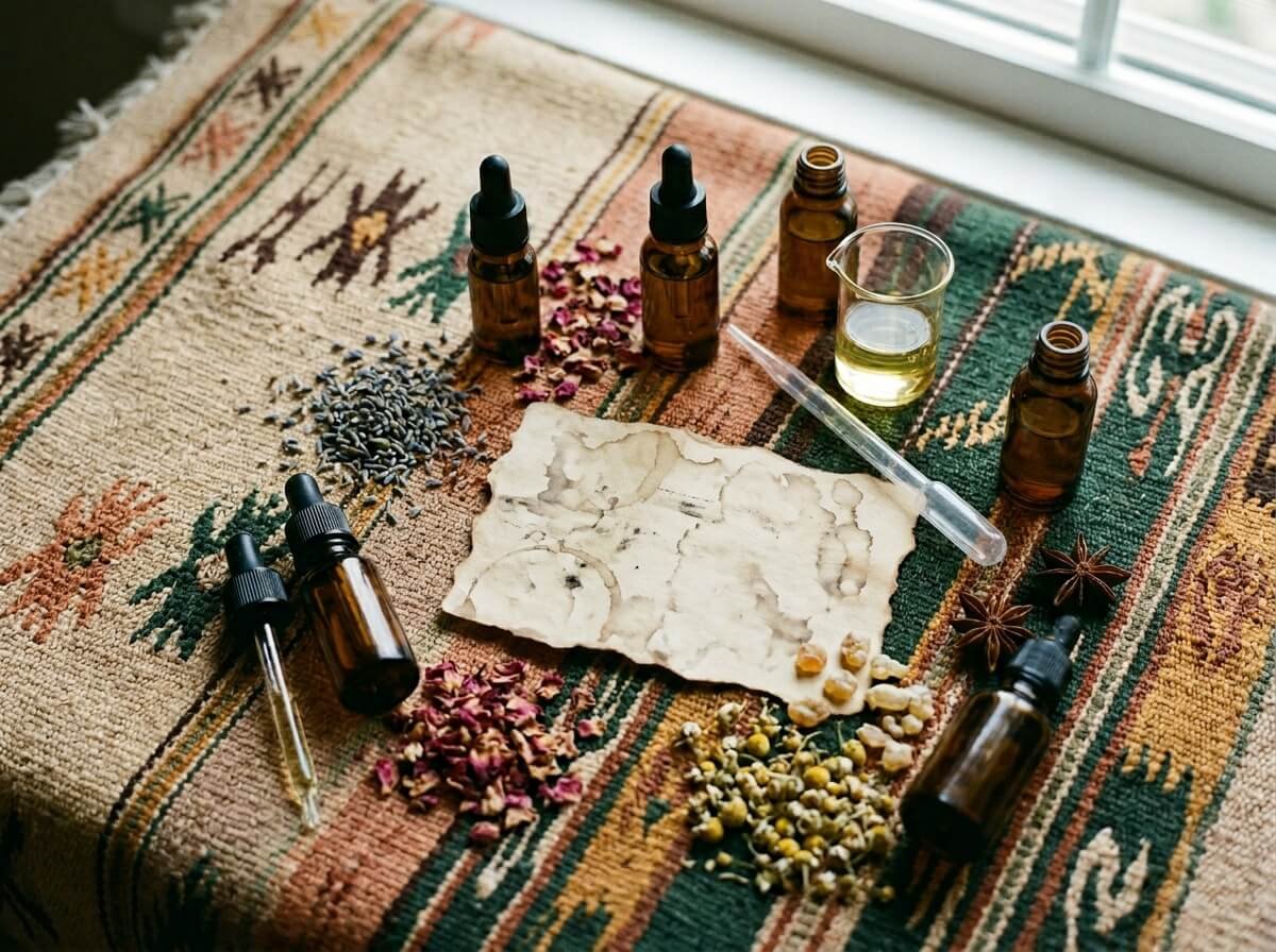 essential oil blend recipe ingredients and tools on Balinese textile