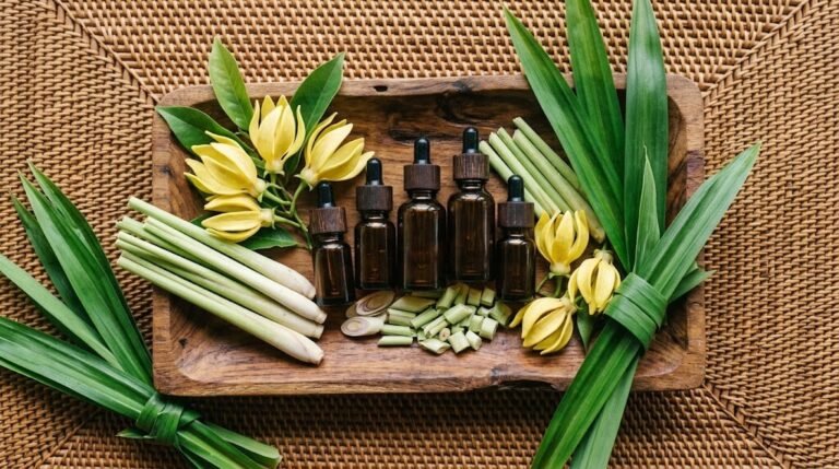 essential oil blends arranged on Balinese teak tray with fresh botanicals