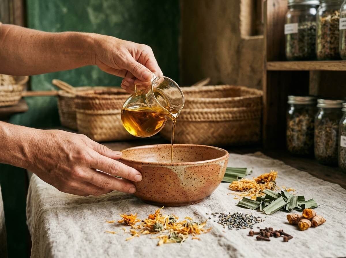 blending essential oils with carrier oil in ceramic bowl