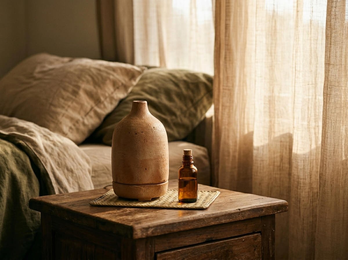 essential oil diffuser blend for relaxation on bedside table
