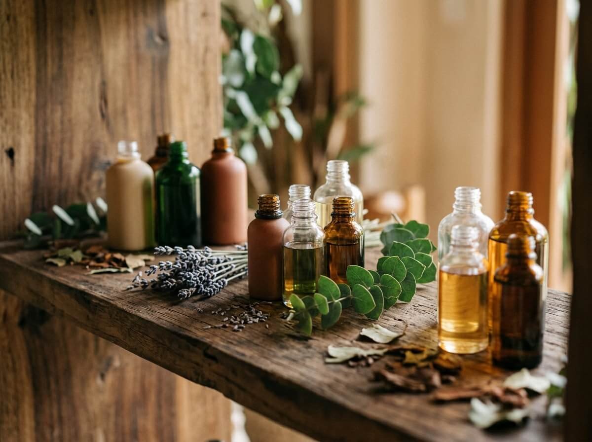 essential oils organized by scent family on wooden shelf