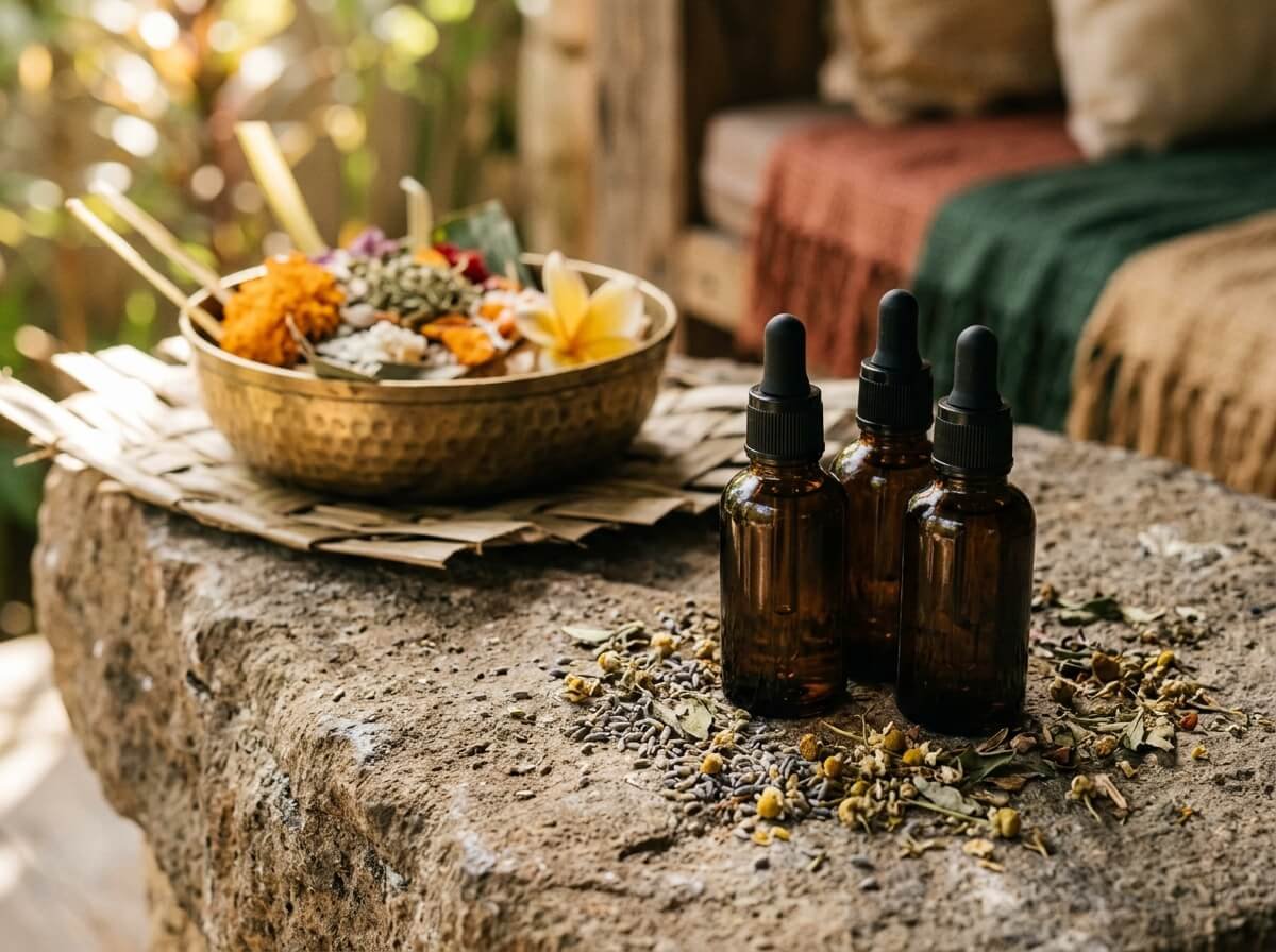 essential oil blends in amber glass bottles on stone surface