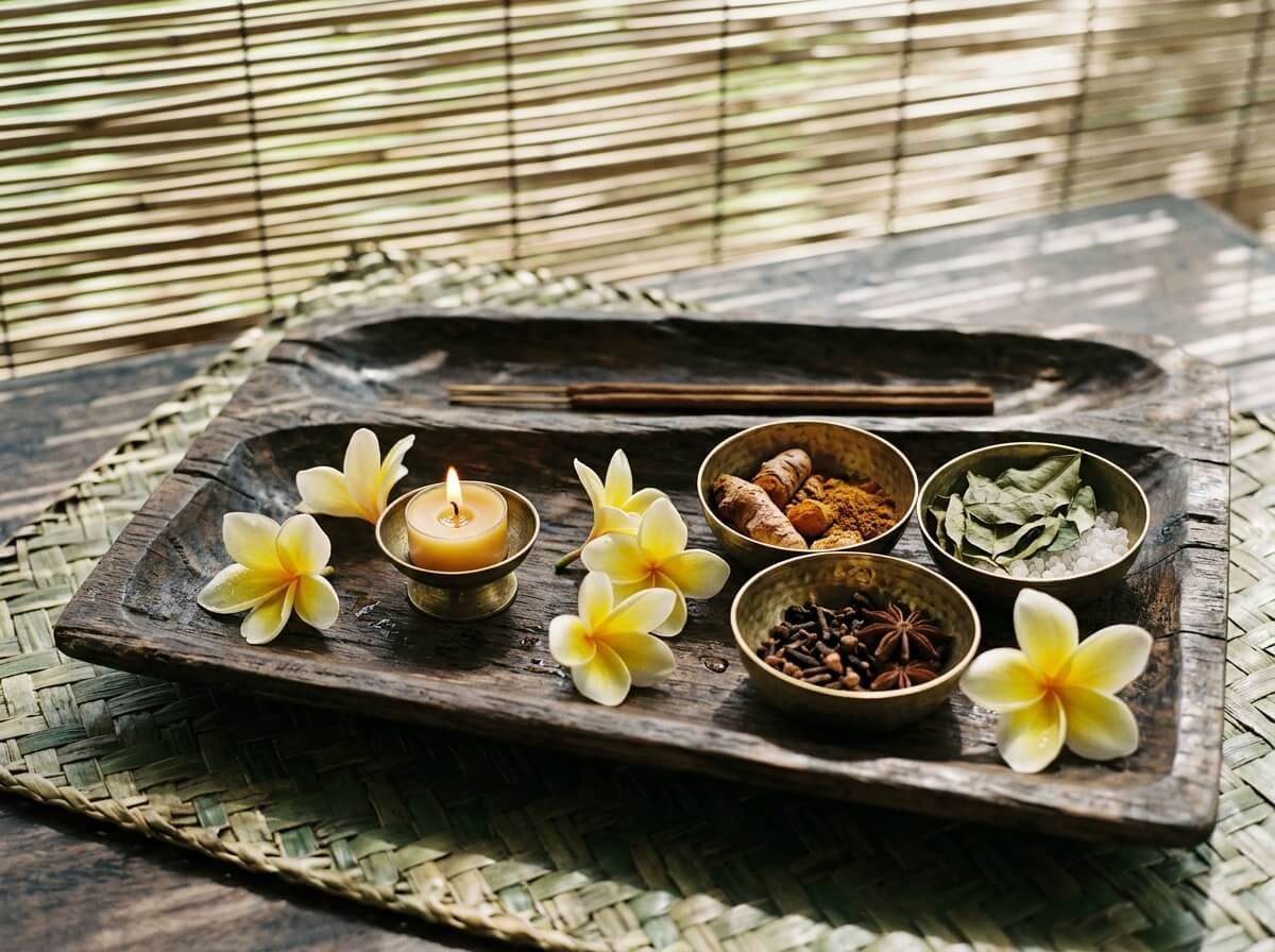 Balinese botanical candle tradition with frangipani and incense