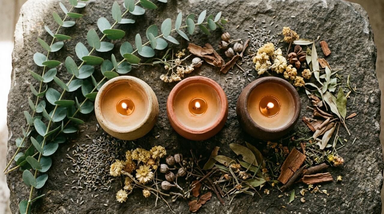 natural candles lit on stone surface with dried botanicals