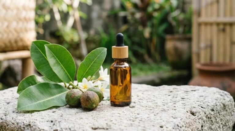 natural face oil in glass dropper bottle on Balinese stone with botanicals