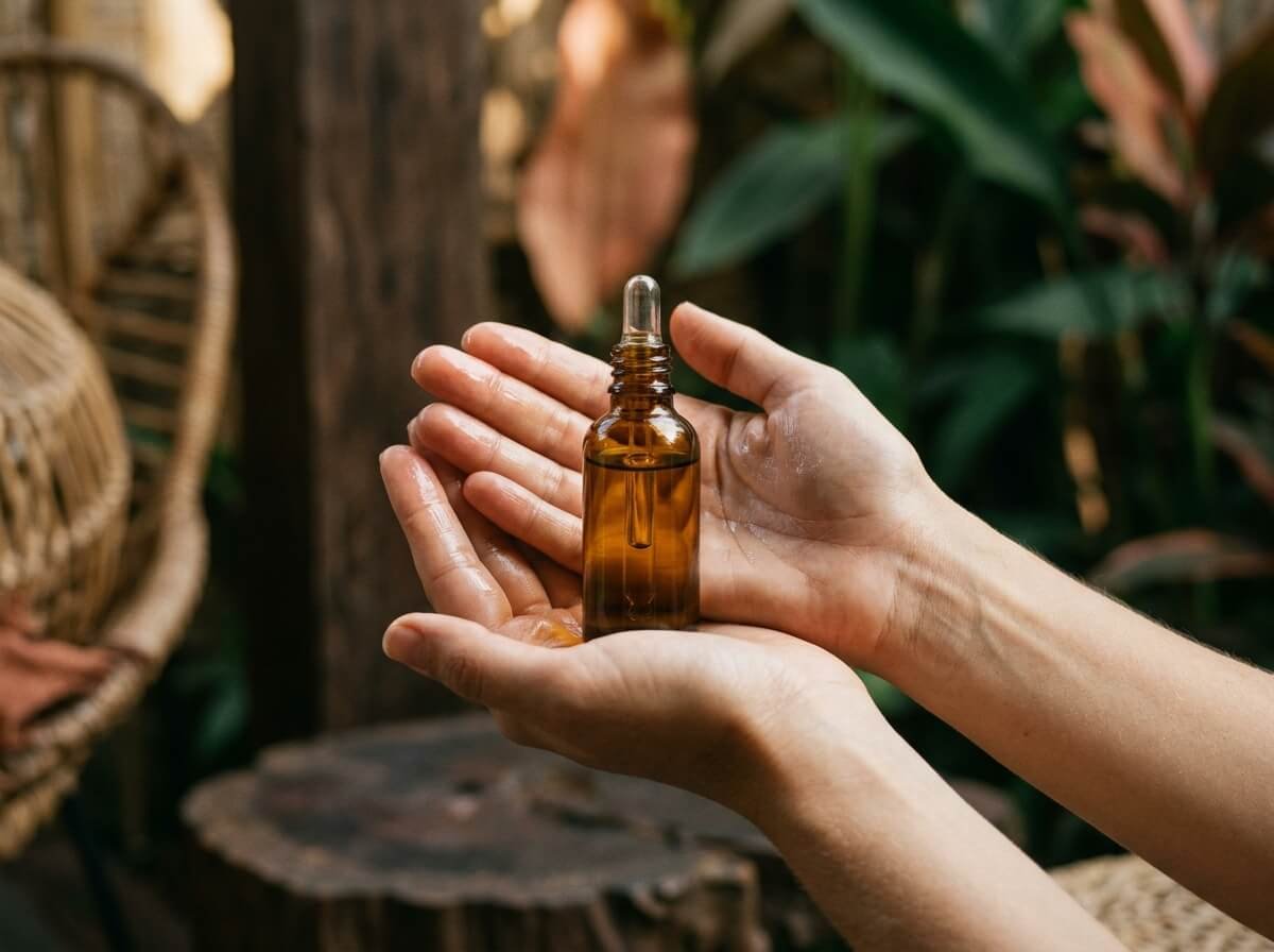 applying natural face oil as part of a daily skincare ritual