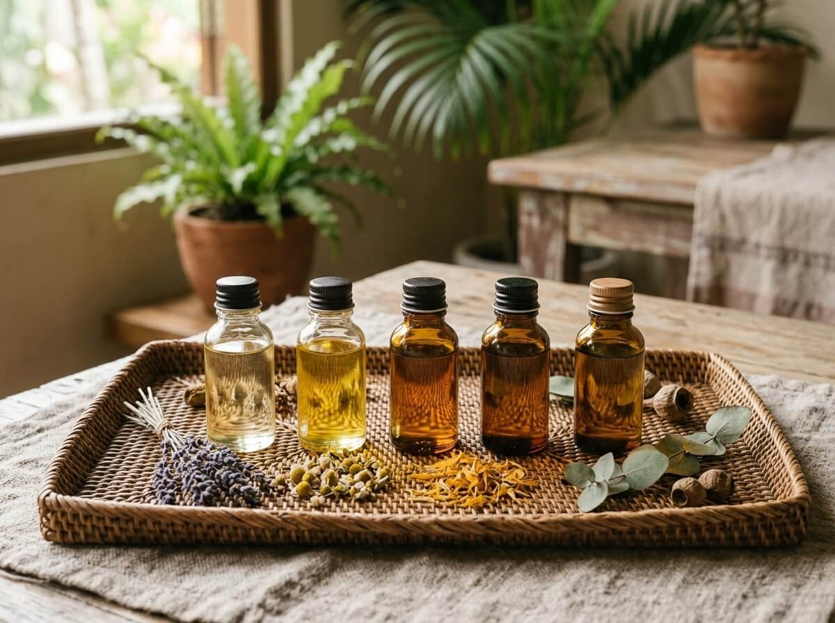 botanical face oils for different skin types in amber glass bottles