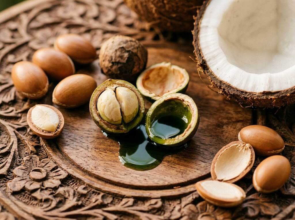 tamanu nuts argan and coconut, botanical oil sources from Bali and Kalimantan