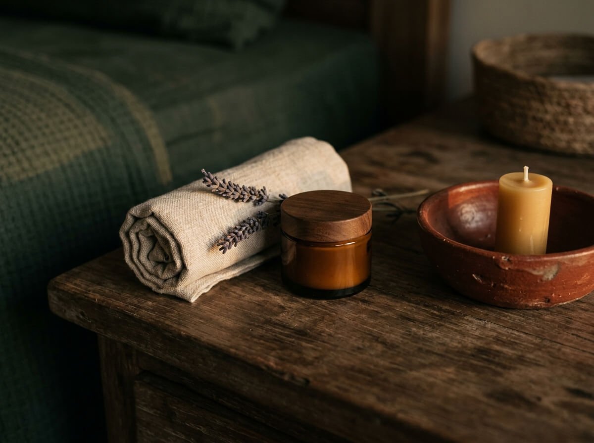 evening natural skincare routine essentials on nightstand