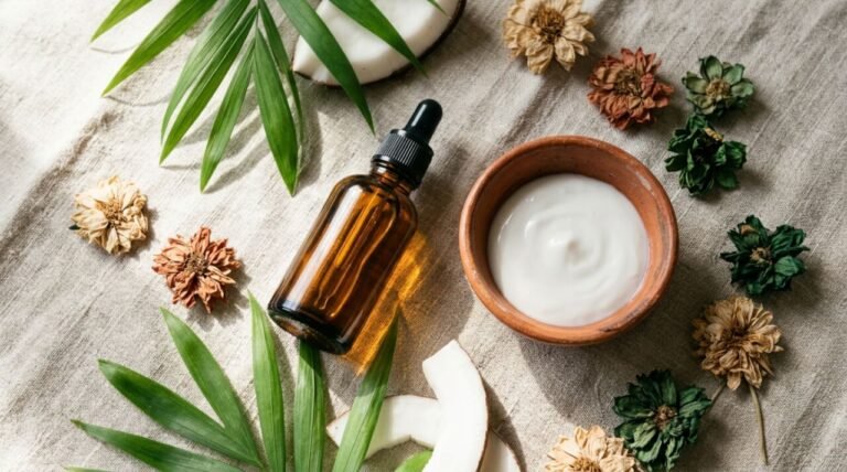 natural skincare routine products on linen