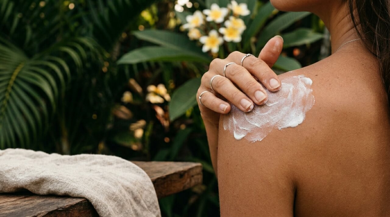 natural sunscreen for face applied to skin in tropical setting