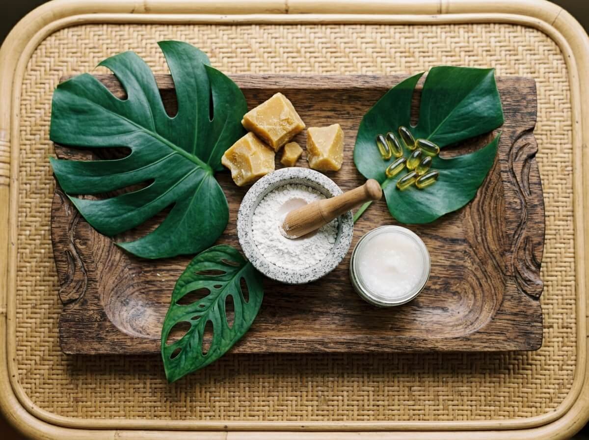 natural sunscreen for face ingredients on Balinese wooden tray