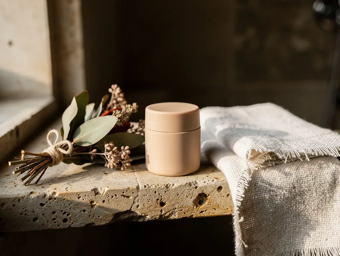 Woman choosing an aluminum free deodorant on a natural stone bathroom shelf