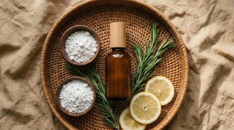 aluminum free deodorant spray with natural botanical ingredients on rattan tray