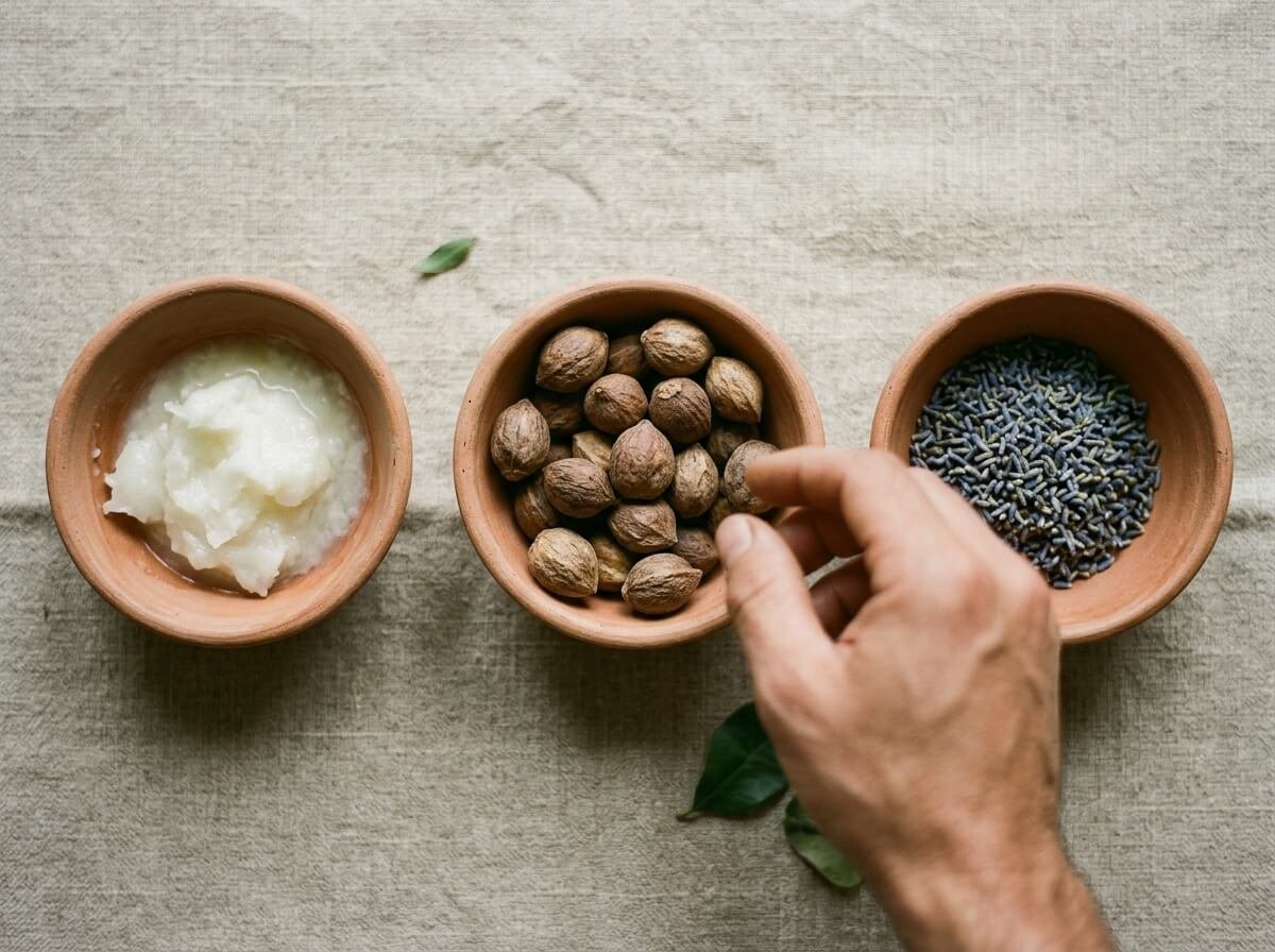 three clay bowls holding coconut oil, raw kukui nuts, and dried lavender for aromatherapy massage