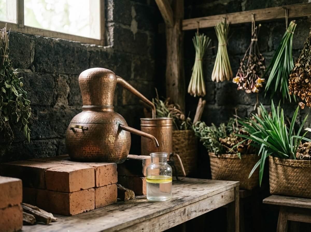 traditional steam distillation of essential oils in copper still