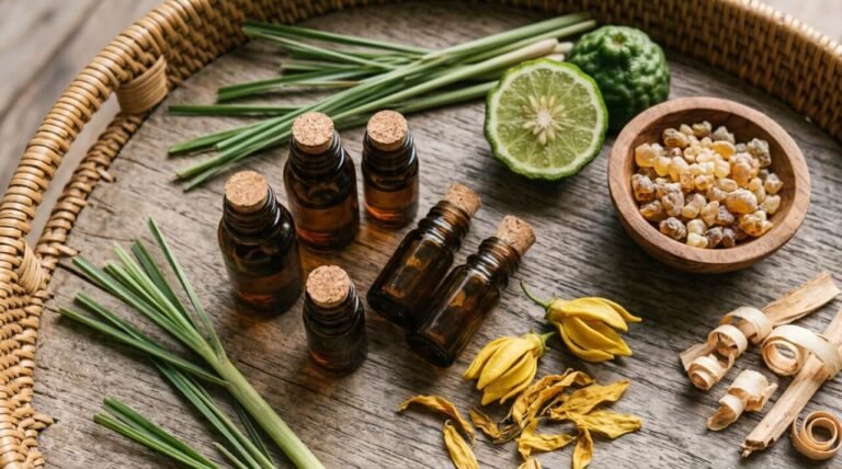 aromatherapy diffuser oils arranged with Balinese botanicals on teak wood