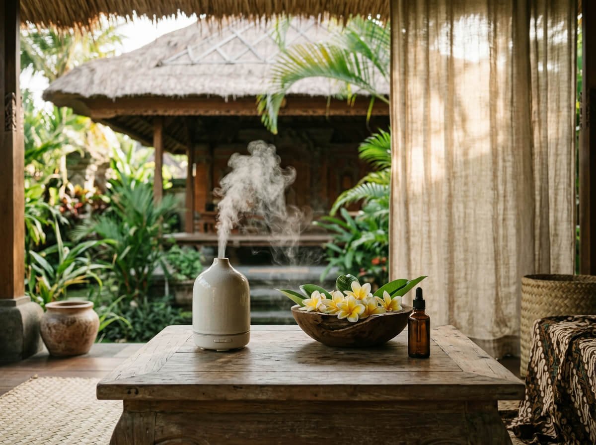 ultrasonic essential oil diffuser in a calm Balinese living room