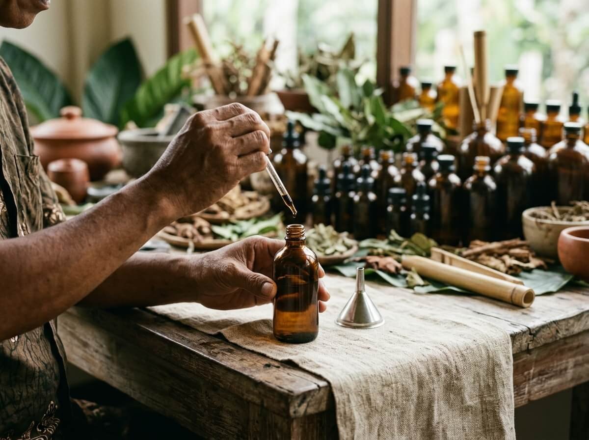 Balinese maker's hands measuring essential oil with a glass pipette into an amber bottle for safe massage dilution
