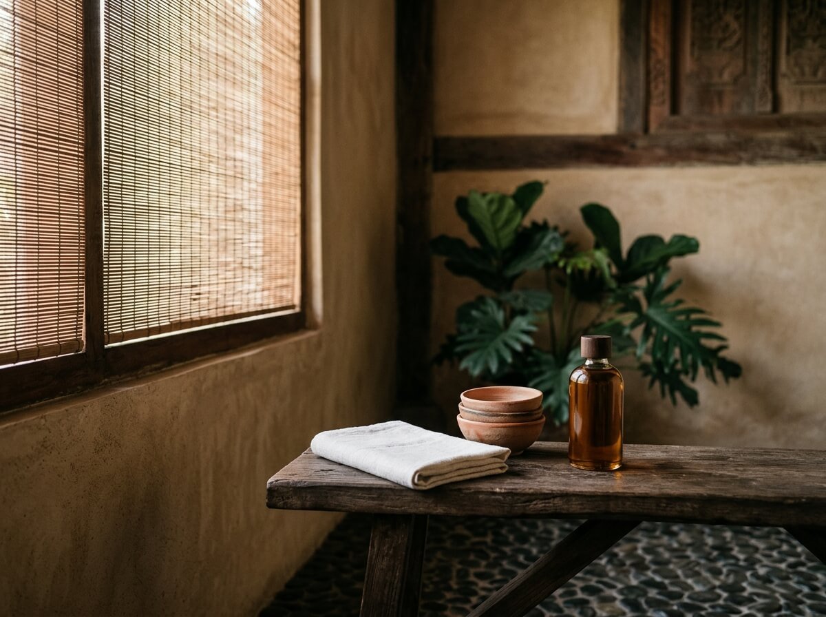 quiet Balinese spa corner at dawn with linen, ceramic bowls, and an amber bottle of body oil for home aromatherapy massage