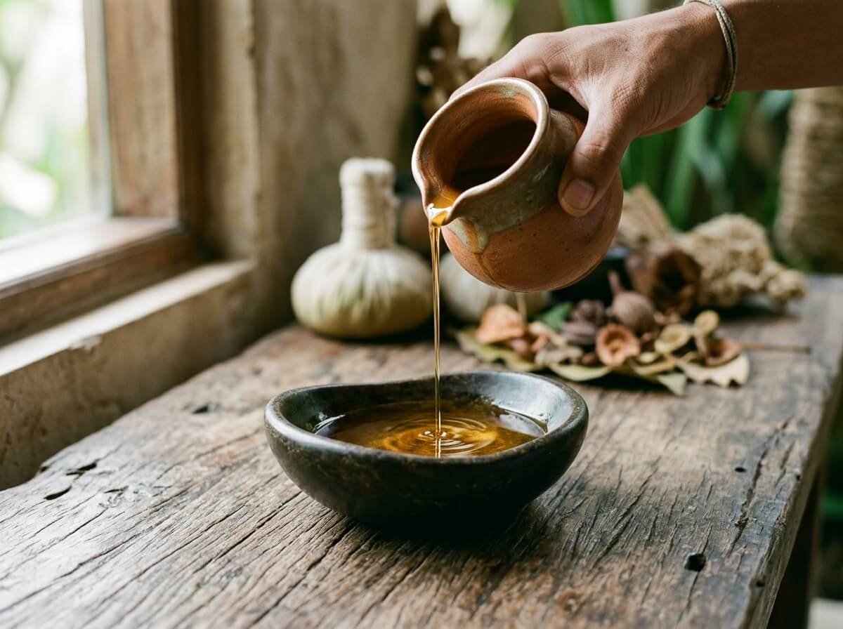 warm golden body oil poured slowly from a ceramic jug into a stone bowl, ready for a Balinese massage ritual