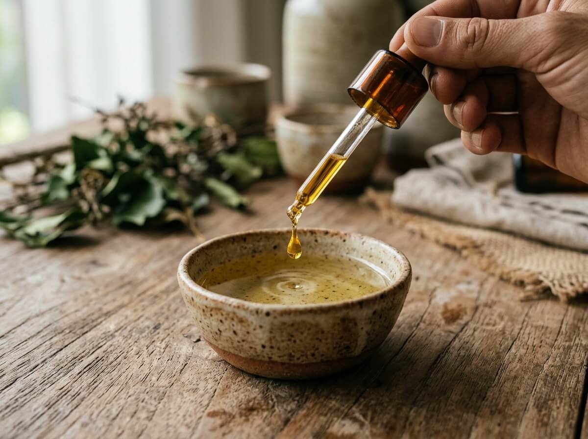 aromatherapy massage oil dropped into a small ceramic bowl of warm carrier oil