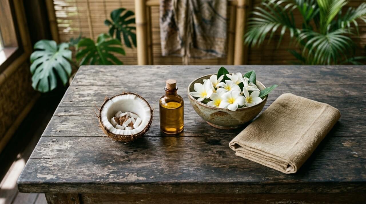 aromatherapy oils massage set up on weathered teak with coconut, amber glass oil bottle, frangipani flowers, and linen