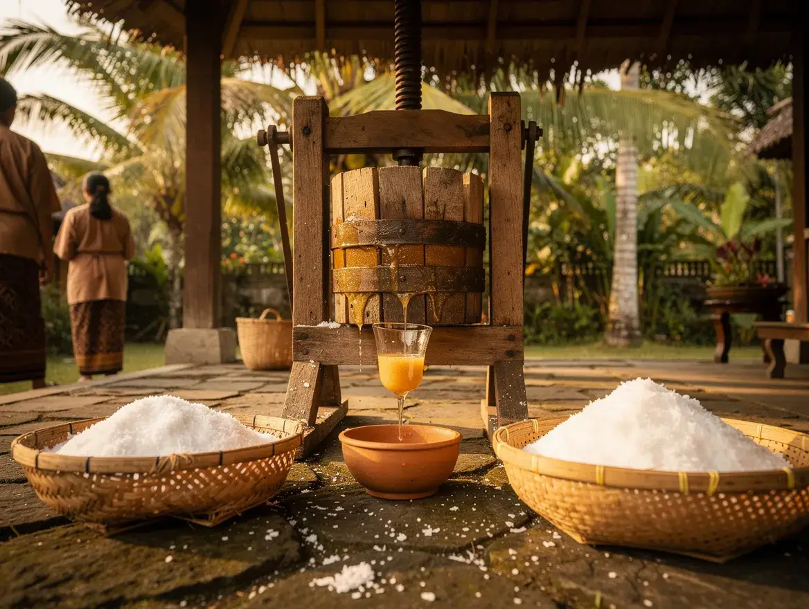 Balinese village cold-pressing fresh coconut oil with traditional wooden press