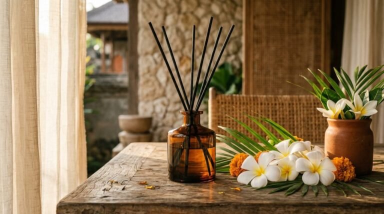 best aromatherapy diffuser on teak surface with tropical flowers