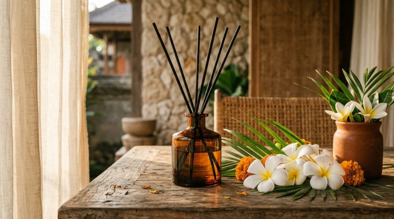 best aromatherapy diffuser on teak surface with tropical flowers