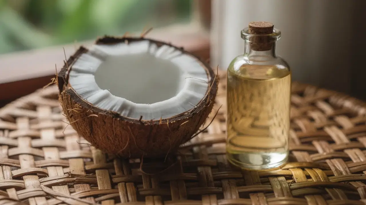 Best coconut oil for skin shown as a halved Balinese coconut beside a glass bottle of cold-pressed oil