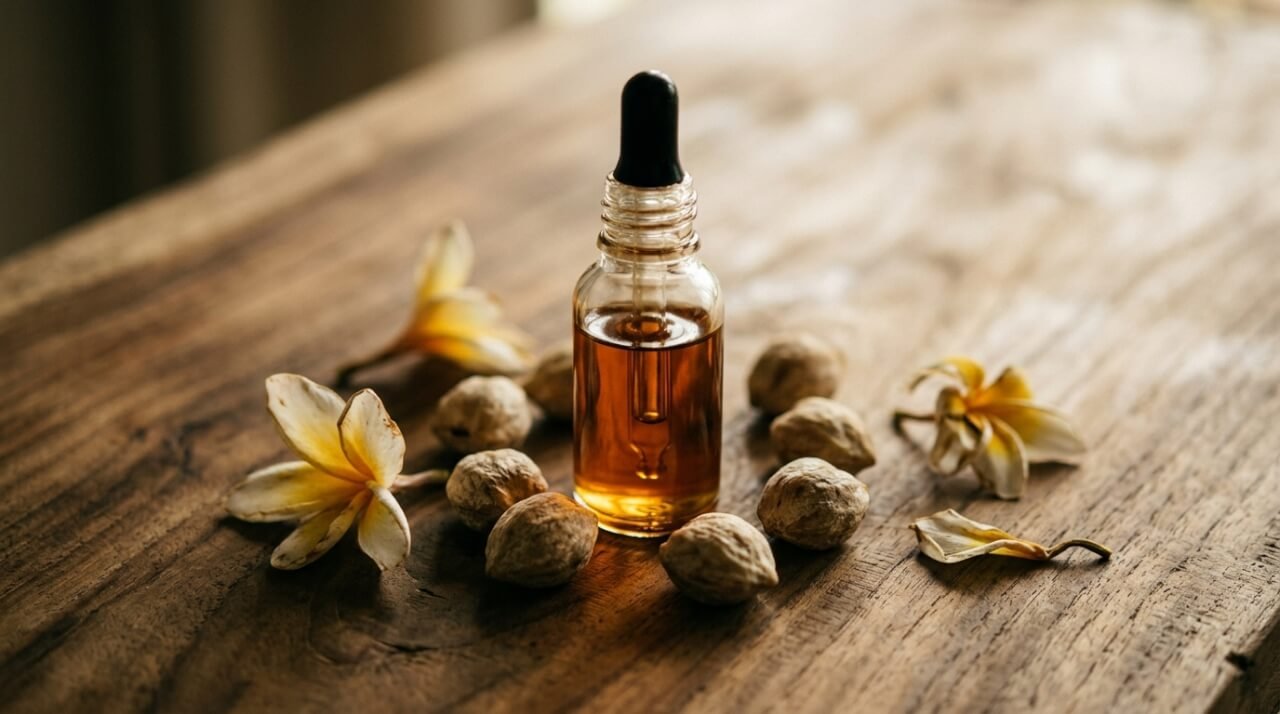 best natural hair oil in glass dropper bottle on teak wood
