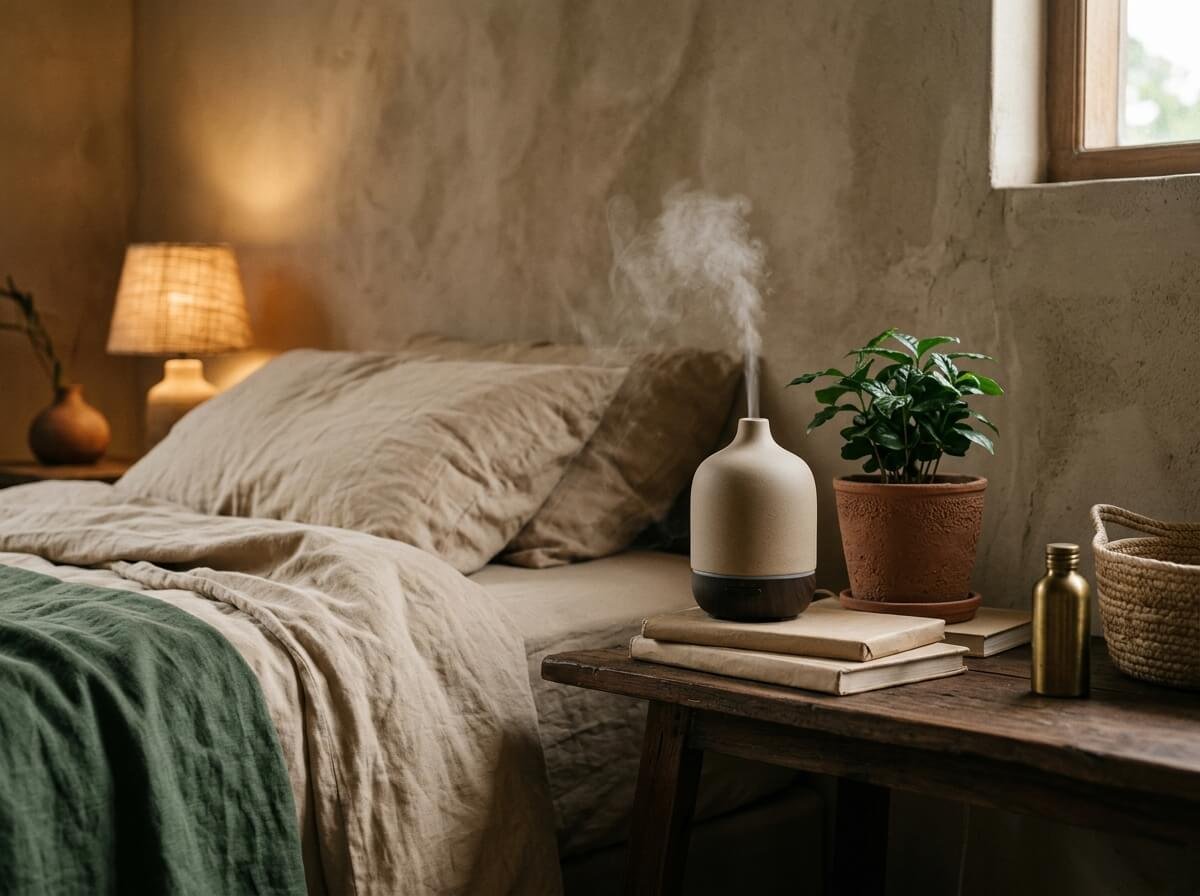 Essential oil diffuser humidifier placed in bedroom for nighttime aromatherapy