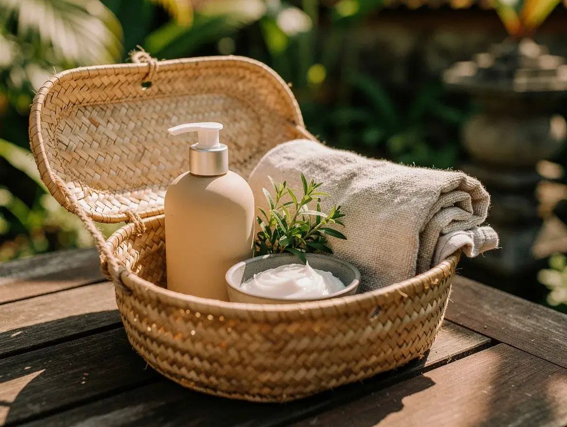 open basket with coconut body wash, linen towel, and herbs for the bath ritual