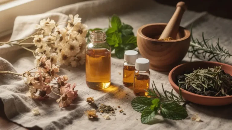 Clean beauty products and raw botanical ingredients arranged on natural linen