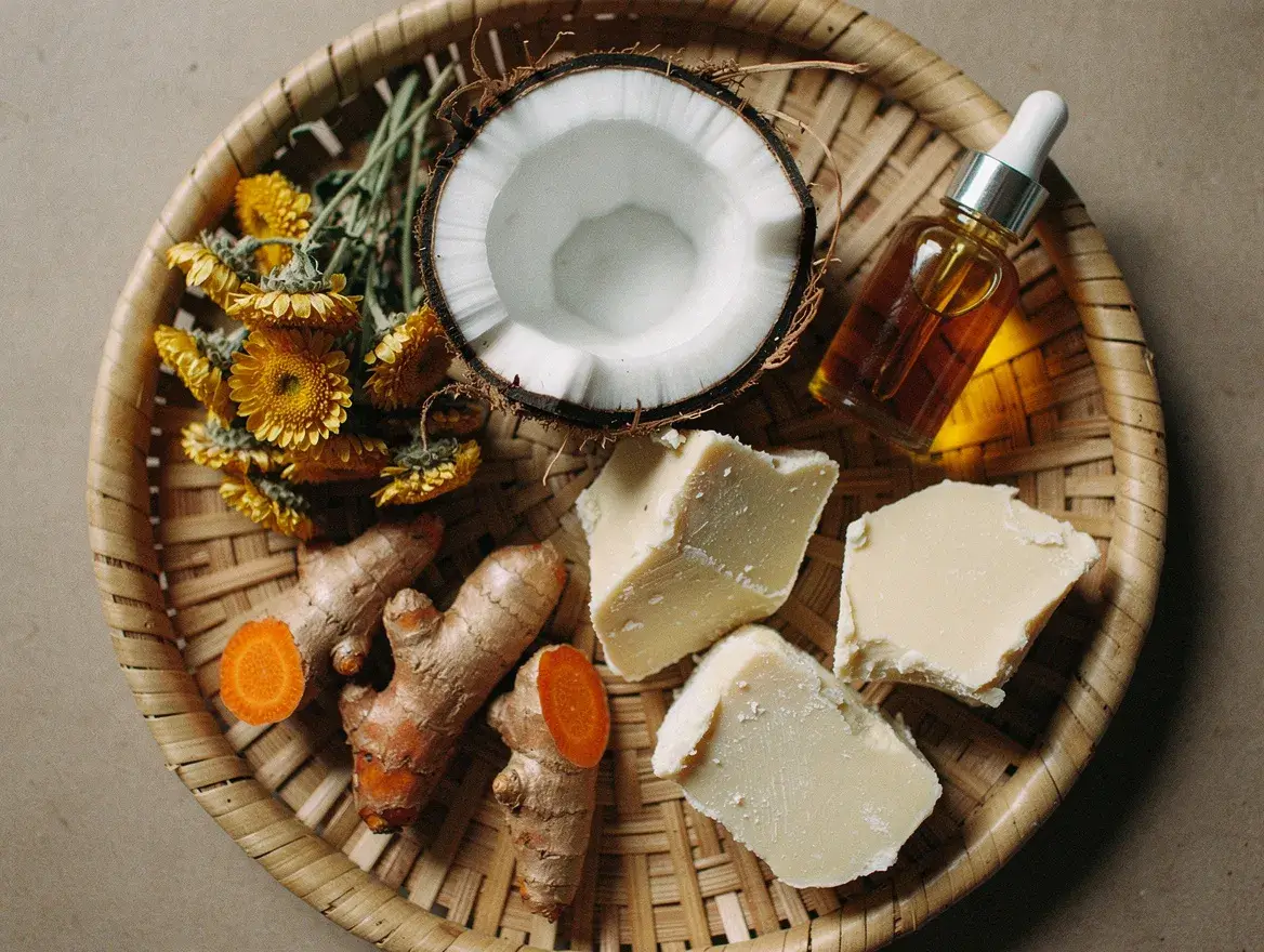 Clean beauty ingredients including coconut, helichrysum flowers, and turmeric on rattan tray