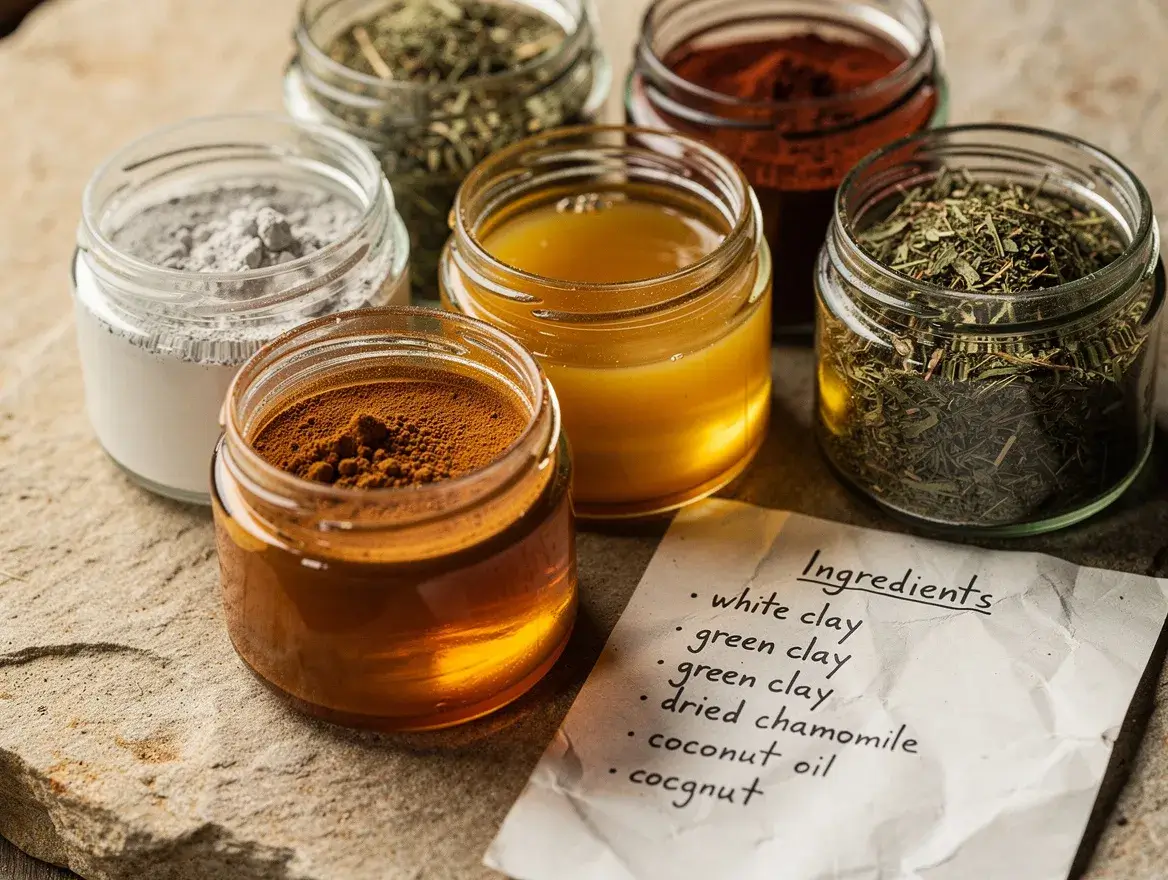 Natural skincare ingredients in glass jars on stone surface